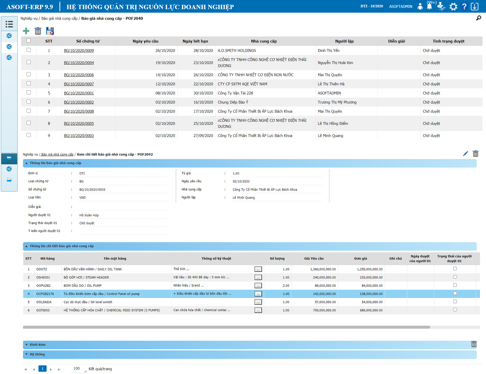 Phần mềm quản lý tổng thể doanh nghiệp ASOFT-ERP: Quản lý báo giá nhà cung cấp