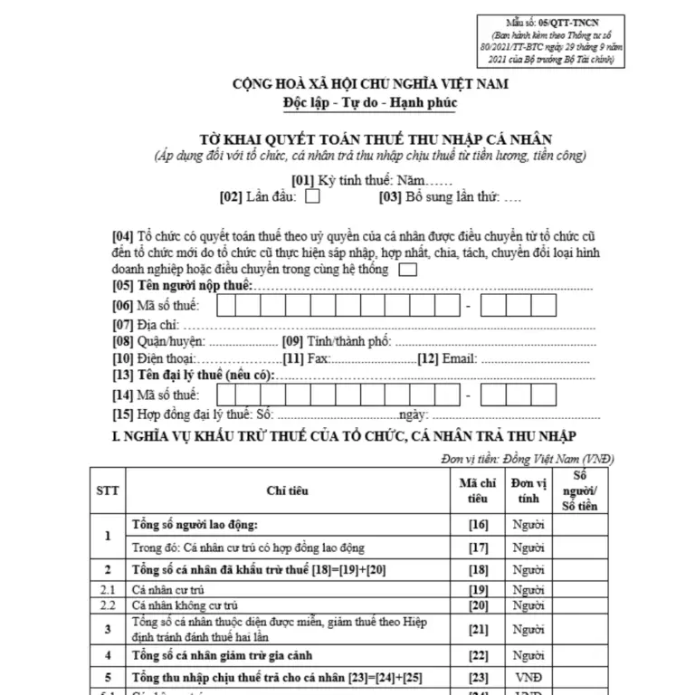 Cách điền tờ khai quyết toán thuế TNCN mẫu 05/QTT-TNCN