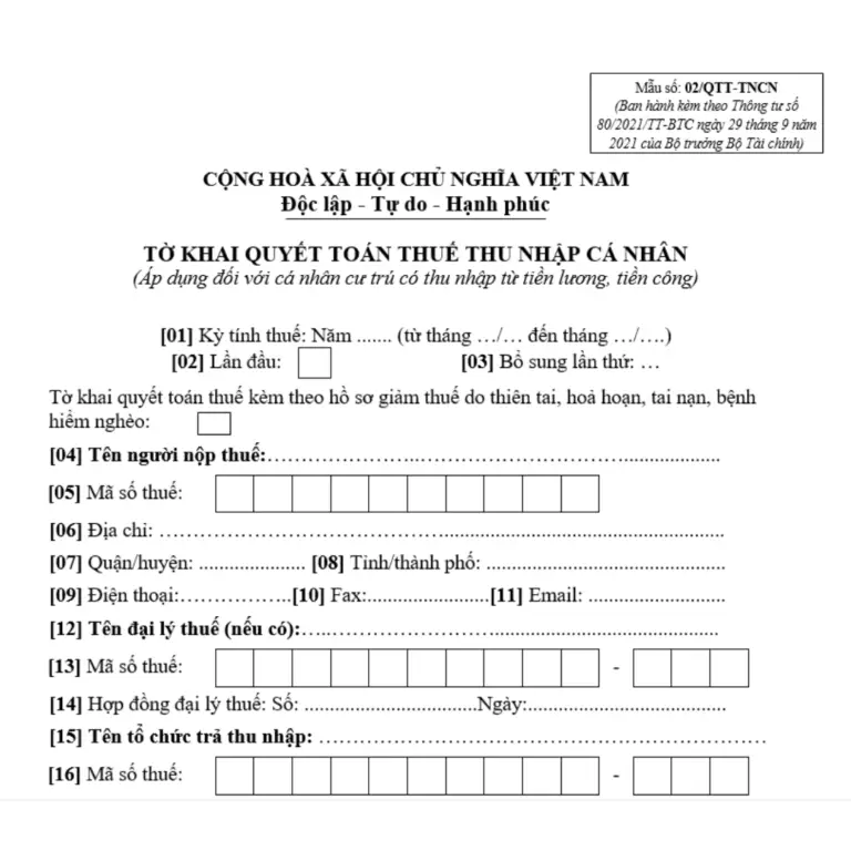 Cách điền tờ khai quyết toán thuế TNCN mẫu 02/QTT-TNCN