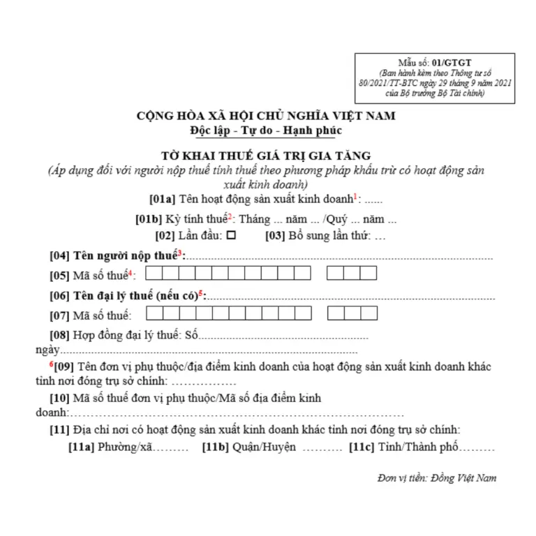 Hướng dẫn lập tờ khai thuế GTGT mẫu 01/GTGT