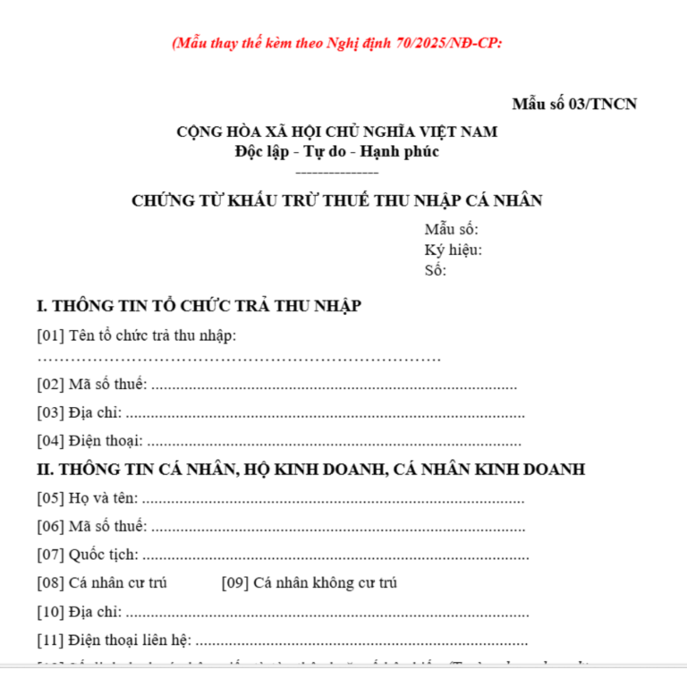 Mẫu chứng từ khấu trừ thuế TNCN