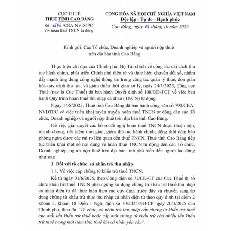 Hướng dẫn hoàn thuế TNCN tự động đối với tổ chức, cá nhân trả thu nhập